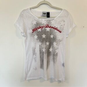 Harley Davidson T-Shirt Sparkle Flag Stars Stripes Sequin Bling White Large Top